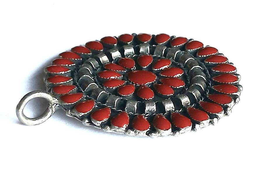 Vintage Round Silvertone Pendant with Red Enamel Decoration