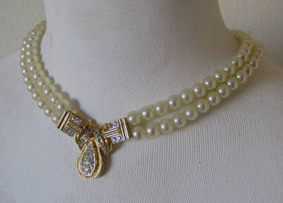 Vintage Double Strand Faux Pearl Necklace with Gold Plated and Clear Rhinestone Art Deco Pendant