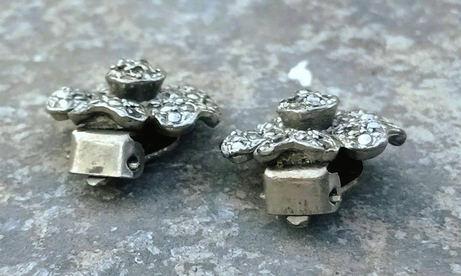 Vintage Silver-Tone Floral Marcasite Clip-On Earrings
