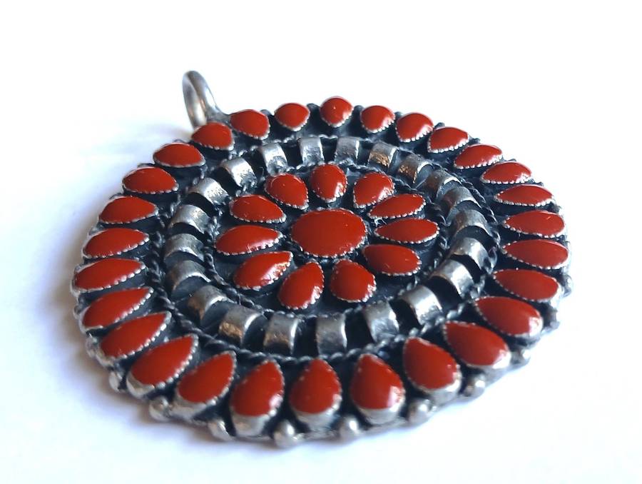 Vintage Round Silvertone Pendant with Red Enamel Decoration
