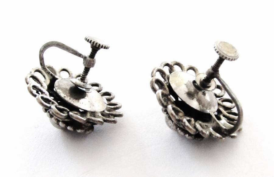 Antique Silver Plated Brass Etruscan Screw Back Earrings