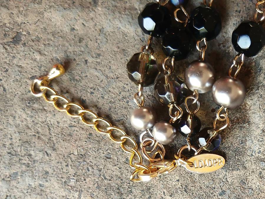 1980s LDADPR French Gold Tone Bracelet  Double Strand with Aurora Borealis and Faux Pearls