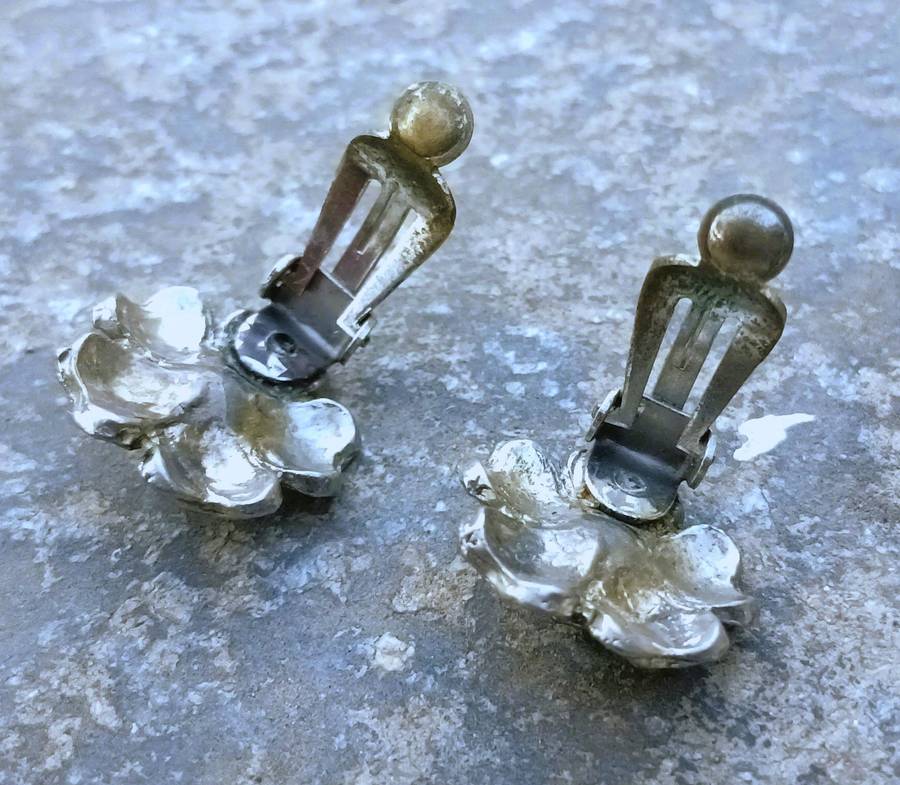 Vintage Silver-Tone Floral Marcasite Clip-On Earrings