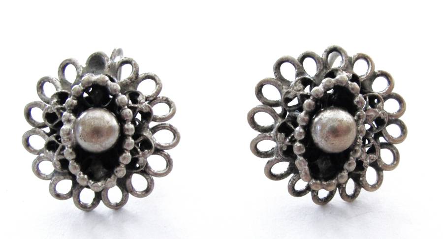 Antique Silver Plated Brass Etruscan Screw Back Earrings