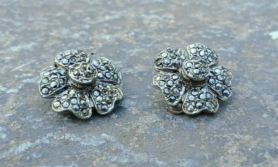 Vintage Silver-Tone Floral Marcasite Clip-On Earrings