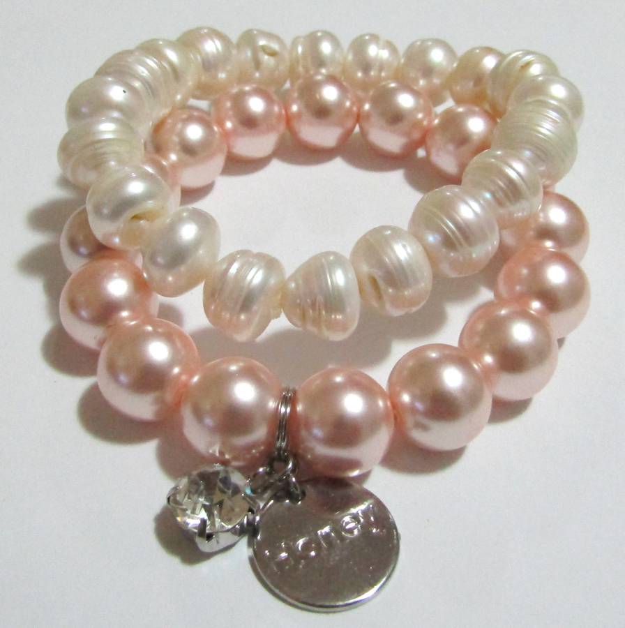 Pair of Vintage Pearl Stretch Bracelets - Natural Freshwater & Faux Pink Pearl with Crystal Charm