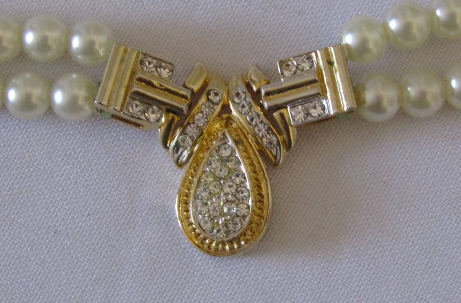 Vintage Double Strand Faux Pearl Necklace with Gold Plated and Clear Rhinestone Art Deco Pendant
