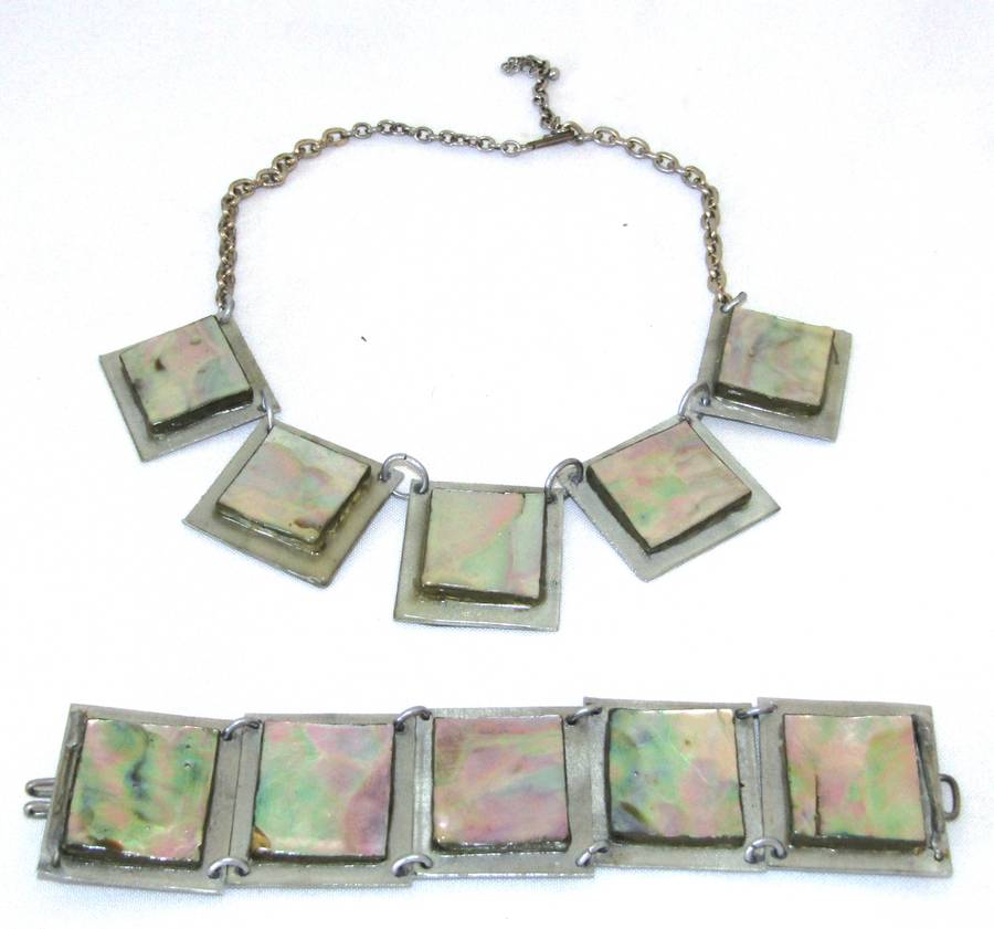 Vintage Hand-Crafted Silver-Tone Mother of Pearl Necklace and Bracelet Set