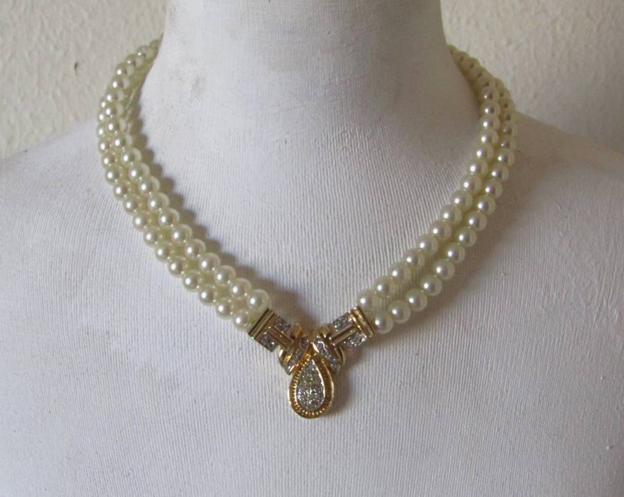 Vintage Double Strand Faux Pearl Necklace with Gold Plated and Clear Rhinestone Art Deco Pendant