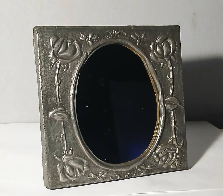Vintage Art Nouveau Style Standing Mirror - White Metal / Alloy