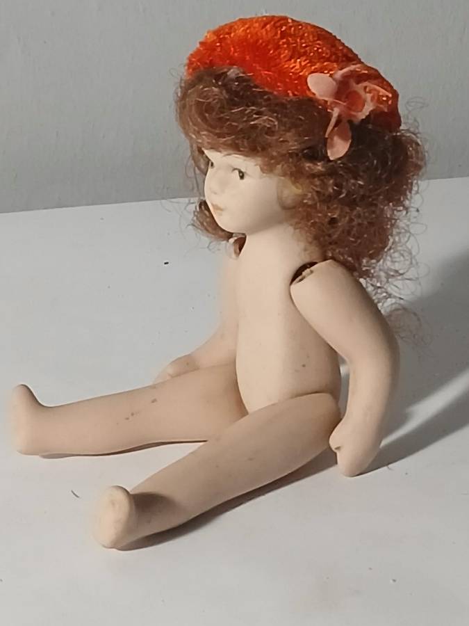 Antique Articulated Miniature Doll with Red Hair & Orange Beret