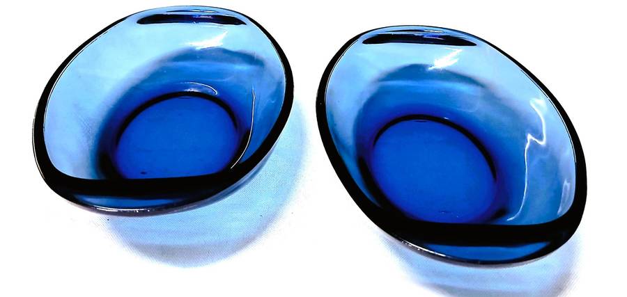 Pair of Vintage Vereco Sapphire Blue Glass Bowls | French Mid-Century Pressed Glass