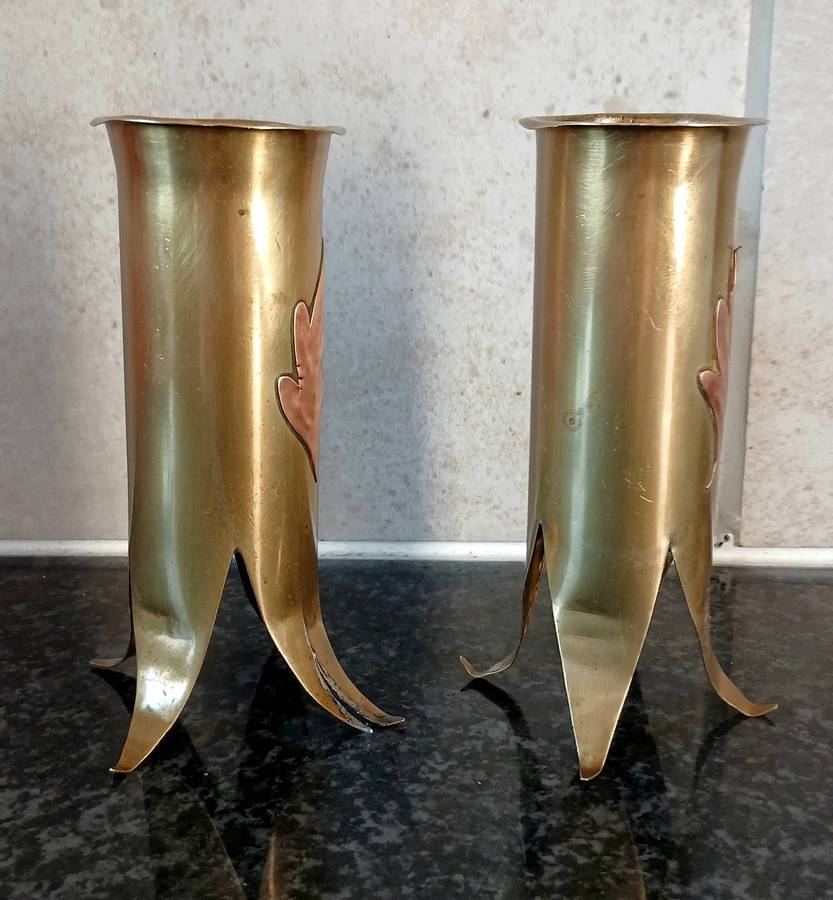 Antique Brass Vases | Copper Leaf Detail, Arts & Crafts Trench Art Crossover