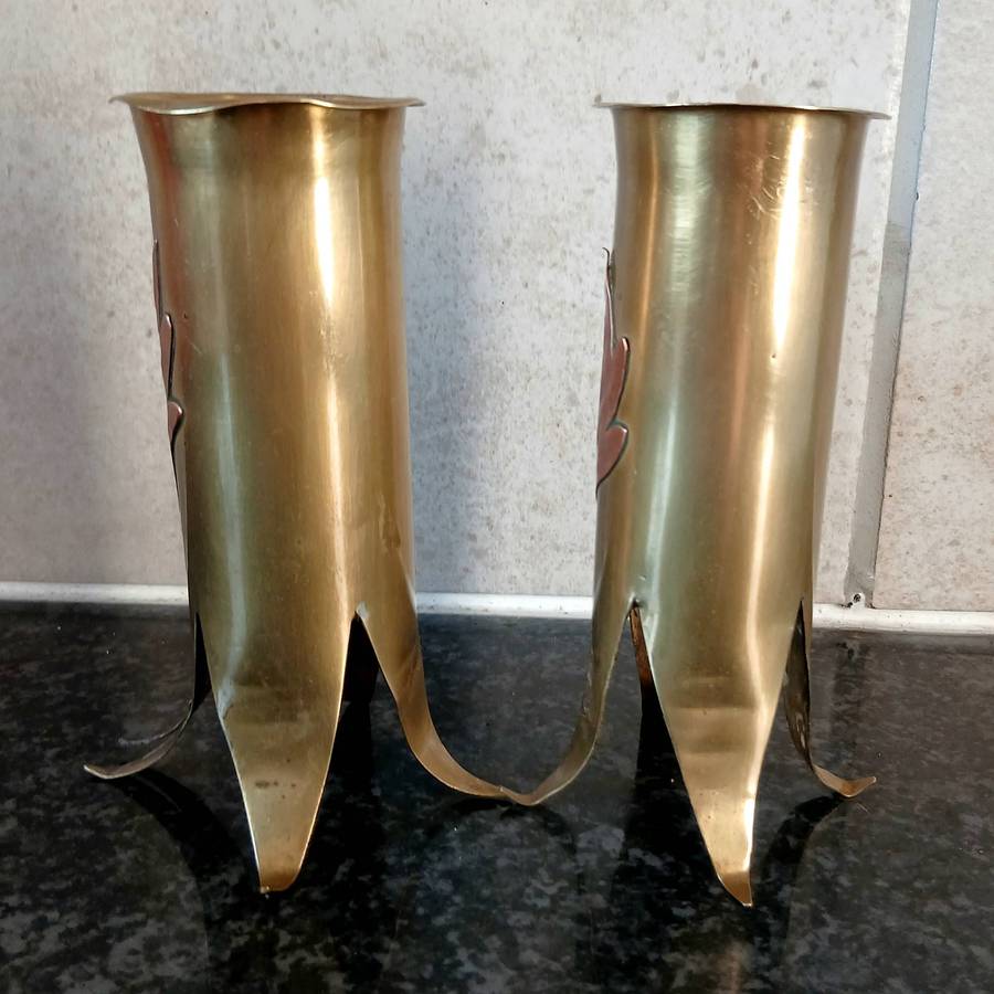 Antique Brass Vases | Copper Leaf Detail, Arts & Crafts Trench Art Crossover
