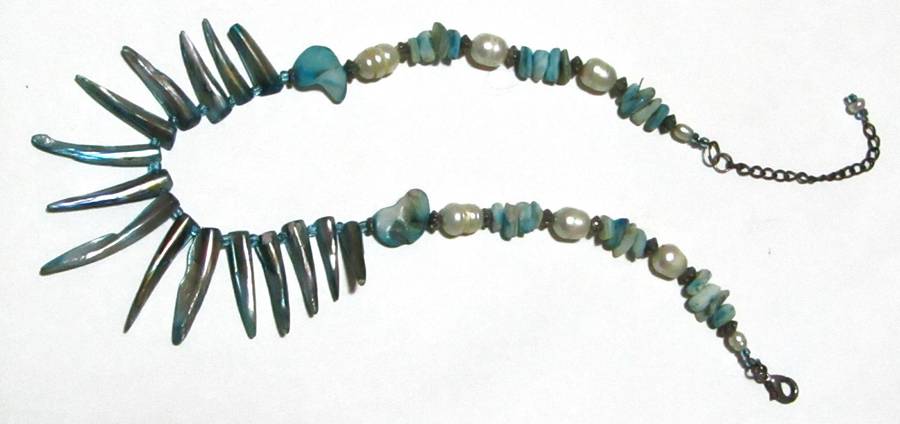 Retro 1980s Blue Mother of Pearl Spike Bib Necklace