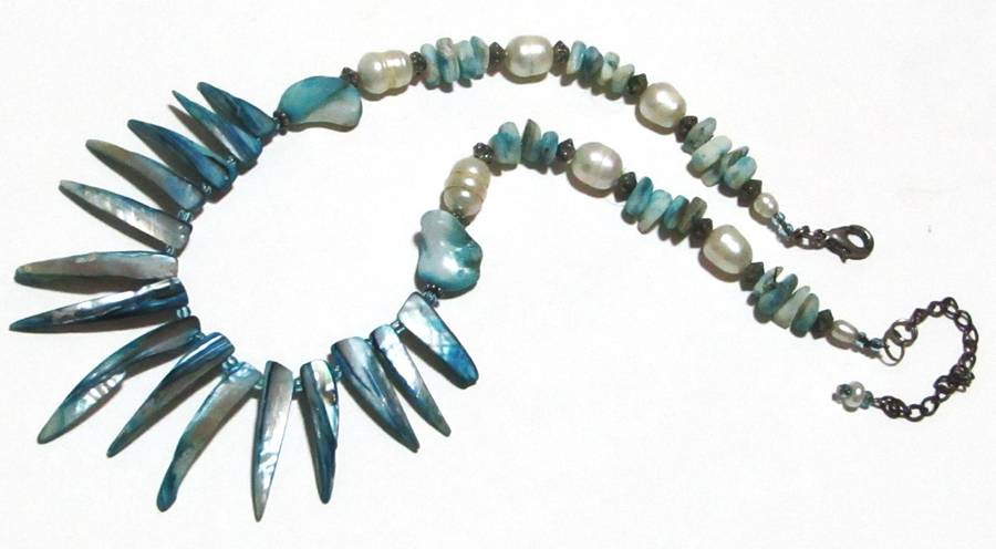 Retro 1980s Blue Mother of Pearl Spike Bib Necklace