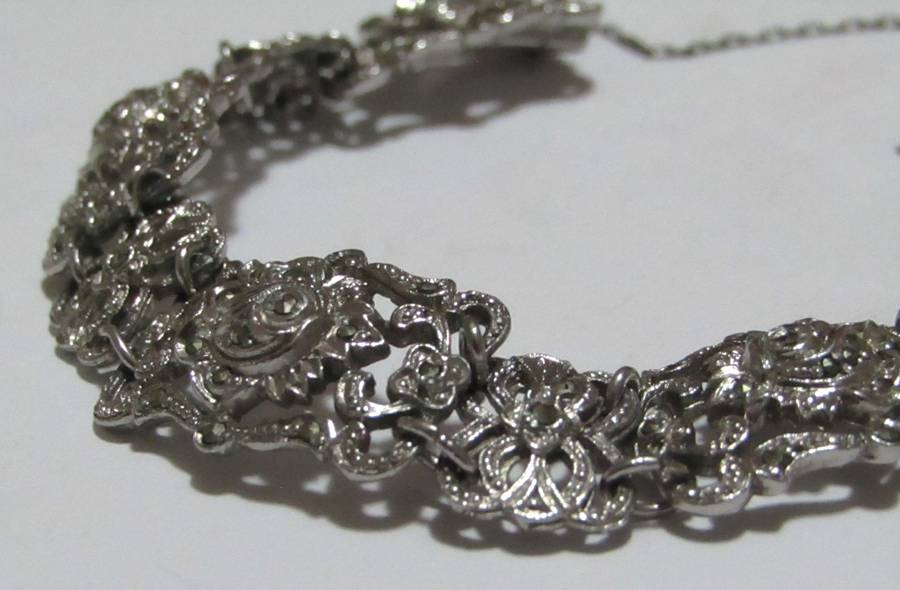 Vintage Silver-Plated Filigree Marcasite Bracelet with Art Nouveau & Art Deco Elegance