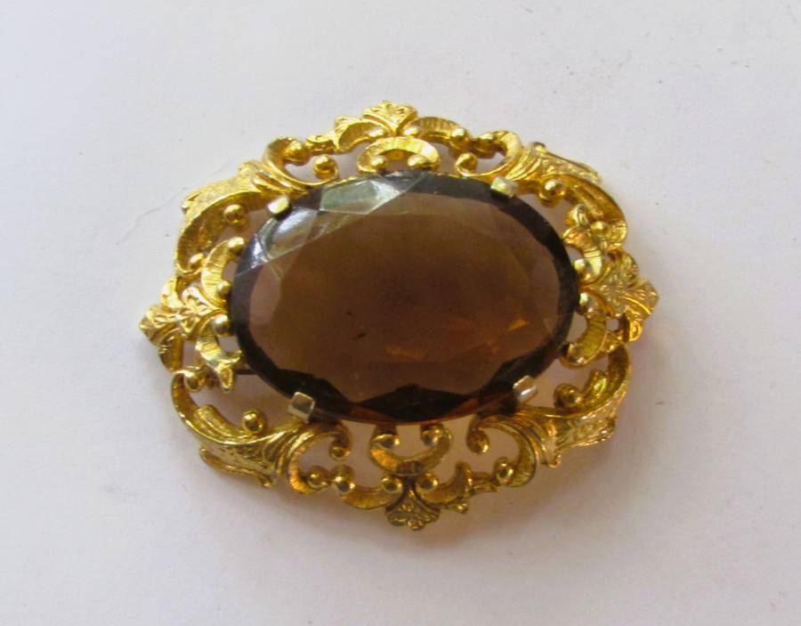 Vintage Art Nouveau Style Gold Tone Brooch Pin with Large Faceted Smoky Quartz Rhinestone by Sphinx