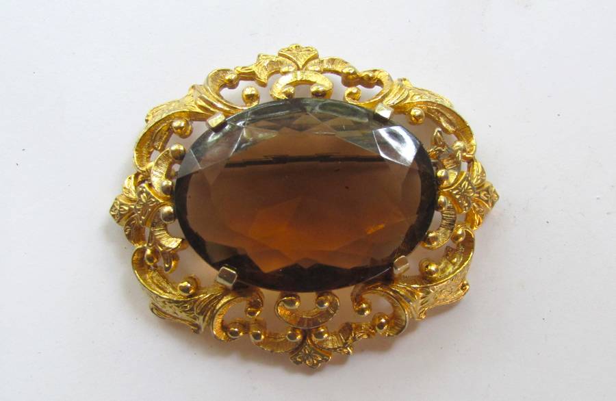 Vintage Art Nouveau Style Gold Tone Brooch Pin with Large Faceted Smoky Quartz Rhinestone by Sphinx