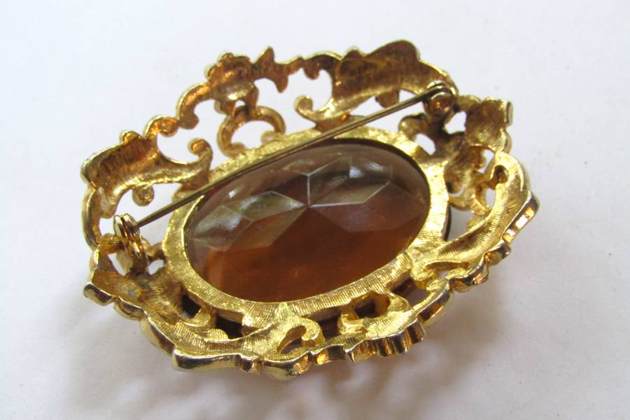 Vintage Art Nouveau Style Gold Tone Brooch Pin with Large Faceted Smoky Quartz Rhinestone by Sphinx