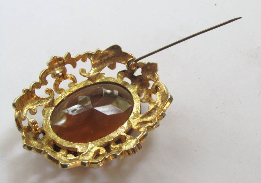 Vintage Art Nouveau Style Gold Tone Brooch Pin with Large Faceted Smoky Quartz Rhinestone by Sphinx