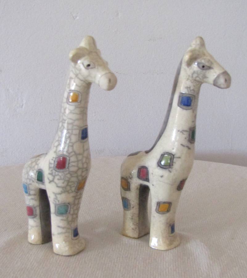 Collectible Pair of Large Raku Ceramic Giraffe Figurines by The Fenix Pottery (South Africa)
