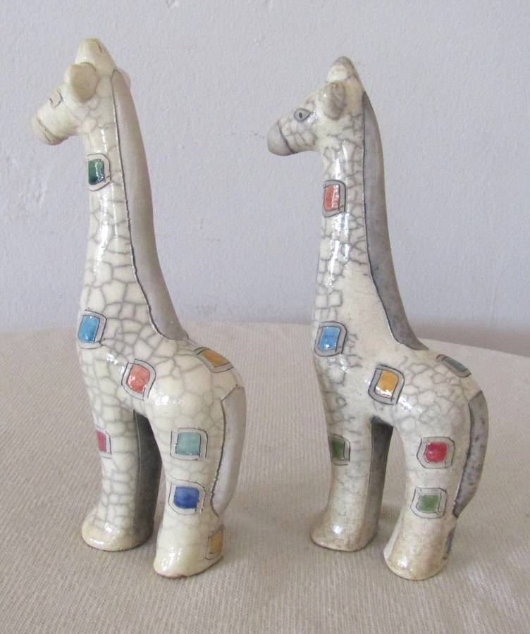 Collectible Pair of Large Raku Ceramic Giraffe Figurines by The Fenix Pottery (South Africa)