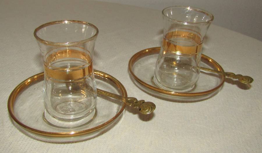 Pair of Vintage Pasabahce Istanbul Turkey Gold Trimmed Tea Cups with Saucers and Gilt Spoons