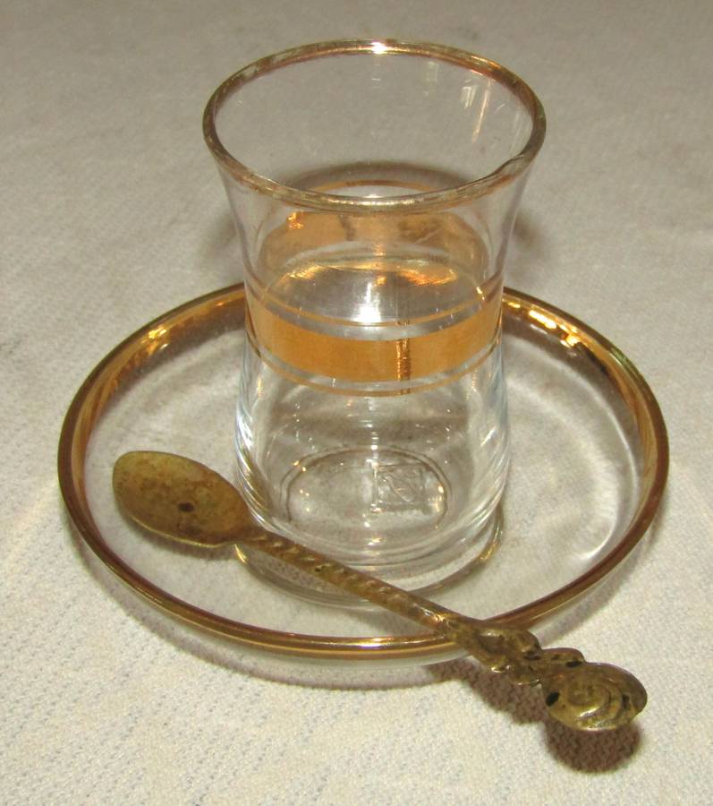 Pair of Vintage Pasabahce Istanbul Turkey Gold Trimmed Tea Cups with Saucers and Gilt Spoons