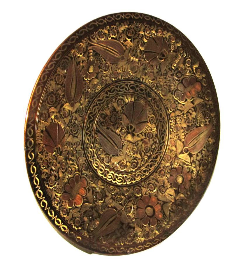 Vintage Japanese Copper, Brass, and Silver-Toned Wall Plate with Floral Engravings