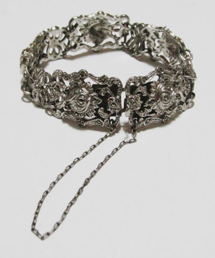 Vintage Silver-Plated Filigree Marcasite Bracelet with Art Nouveau & Art Deco Elegance