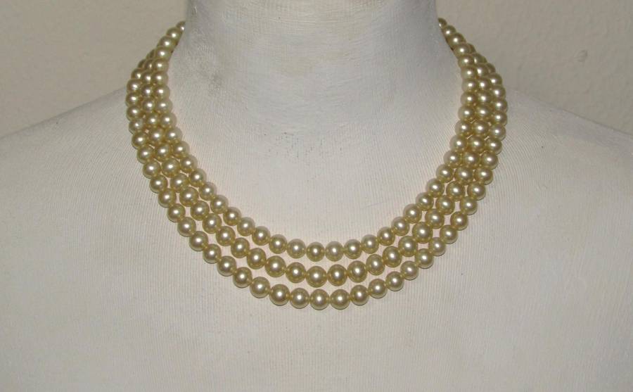 Vintage Three-Strand Faux Pearl Necklace with Silver-Tone Diamante Clasp