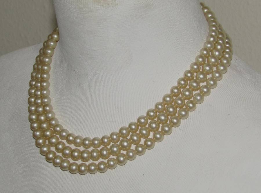 Vintage Three-Strand Faux Pearl Necklace with Silver-Tone Diamante Clasp