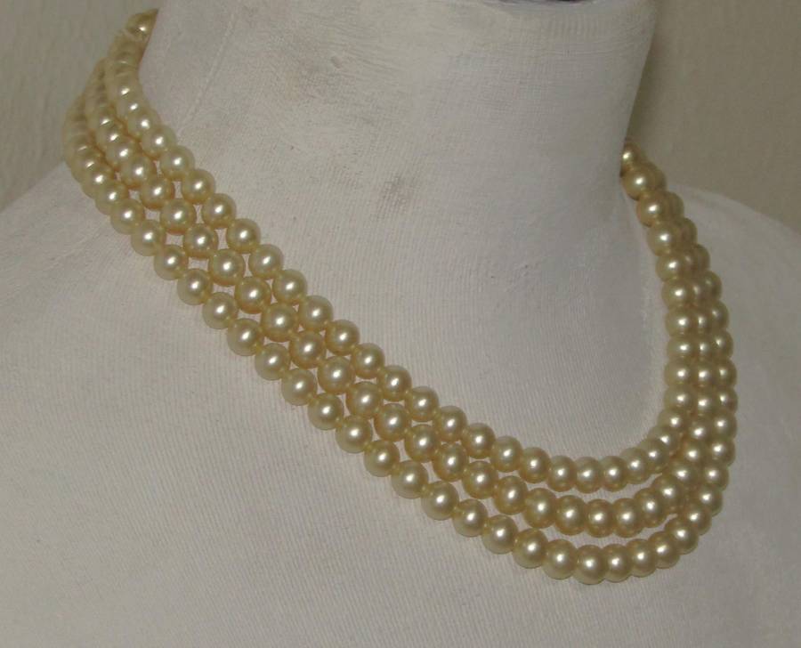 Vintage Three-Strand Faux Pearl Necklace with Silver-Tone Diamante Clasp