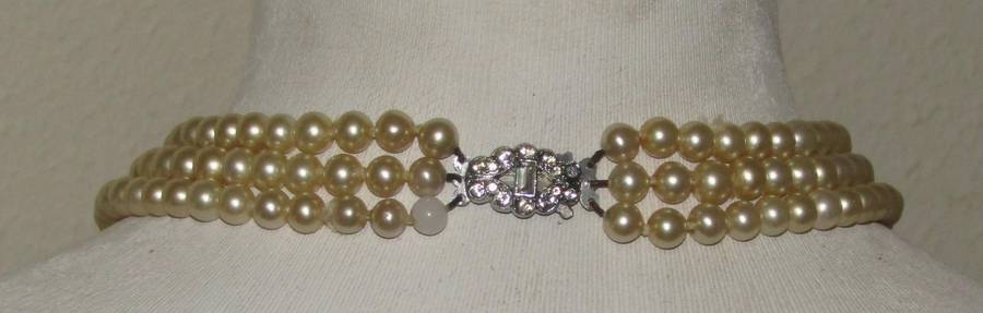 Vintage Three-Strand Faux Pearl Necklace with Silver-Tone Diamante Clasp
