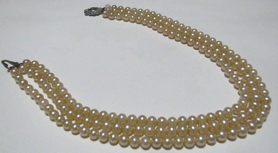 Vintage Three-Strand Faux Pearl Necklace with Silver-Tone Diamante Clasp