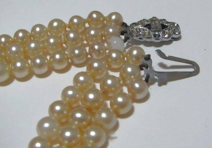 Vintage Three-Strand Faux Pearl Necklace with Silver-Tone Diamante Clasp