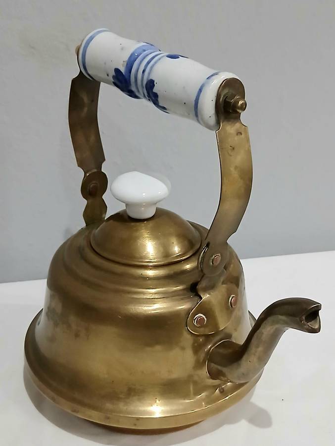 Vintage Brass Kettle | Delft-Style Ceramic Handle | Most Likely Made in Thailand for Export