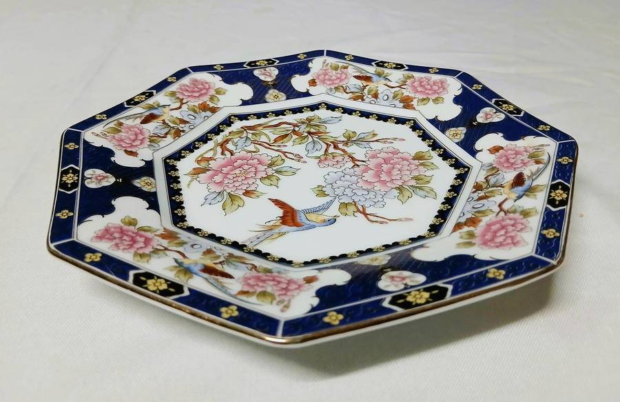 Octagonal Japanese Porcelain Display Plate with Peony & Bird Design  Unmarked, Eiwa Kinsei Style