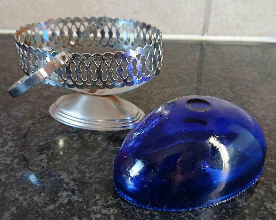 Vintage Aluminium Basket with Cobalt Blue Glass Liner | Pierced Rim & Swing Handle