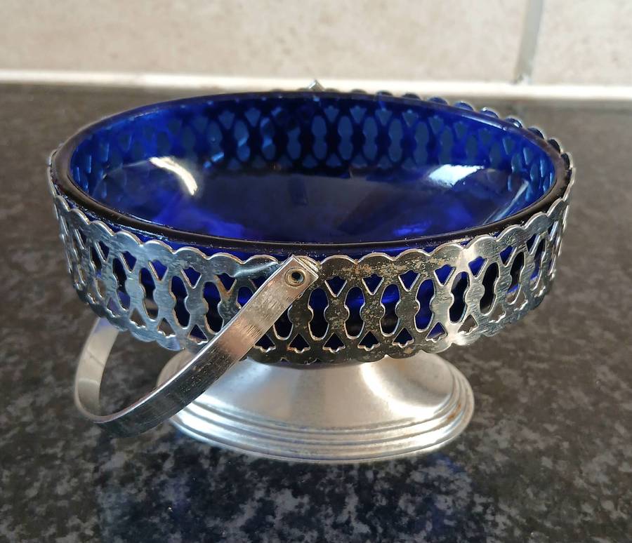 Vintage Aluminium Basket with Cobalt Blue Glass Liner | Pierced Rim & Swing Handle