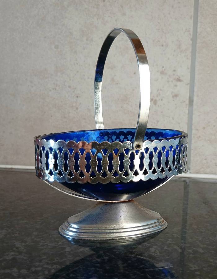 Vintage Aluminium Basket with Cobalt Blue Glass Liner | Pierced Rim & Swing Handle