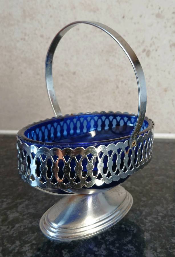 Vintage Aluminium Basket with Cobalt Blue Glass Liner | Pierced Rim & Swing Handle
