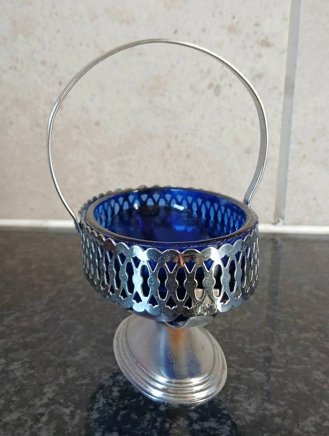 Vintage Aluminium Basket with Cobalt Blue Glass Liner | Pierced Rim & Swing Handle
