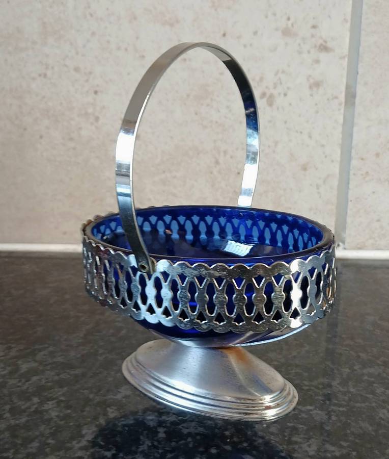 Vintage Aluminium Basket with Cobalt Blue Glass Liner | Pierced Rim & Swing Handle