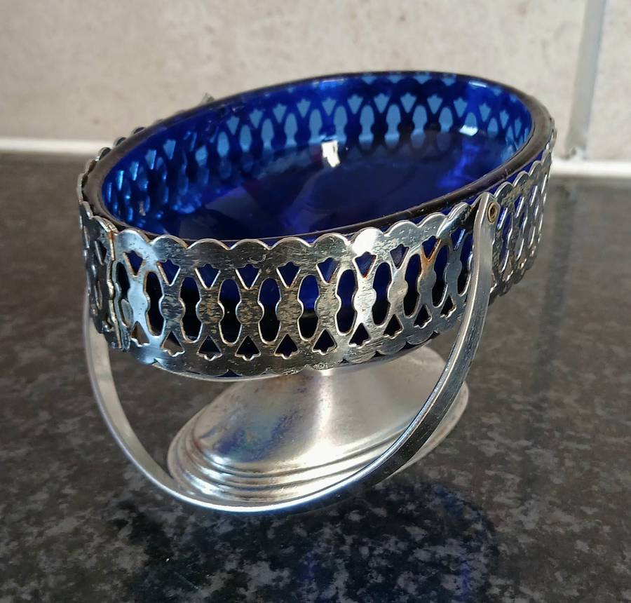 Vintage Aluminium Basket with Cobalt Blue Glass Liner | Pierced Rim & Swing Handle