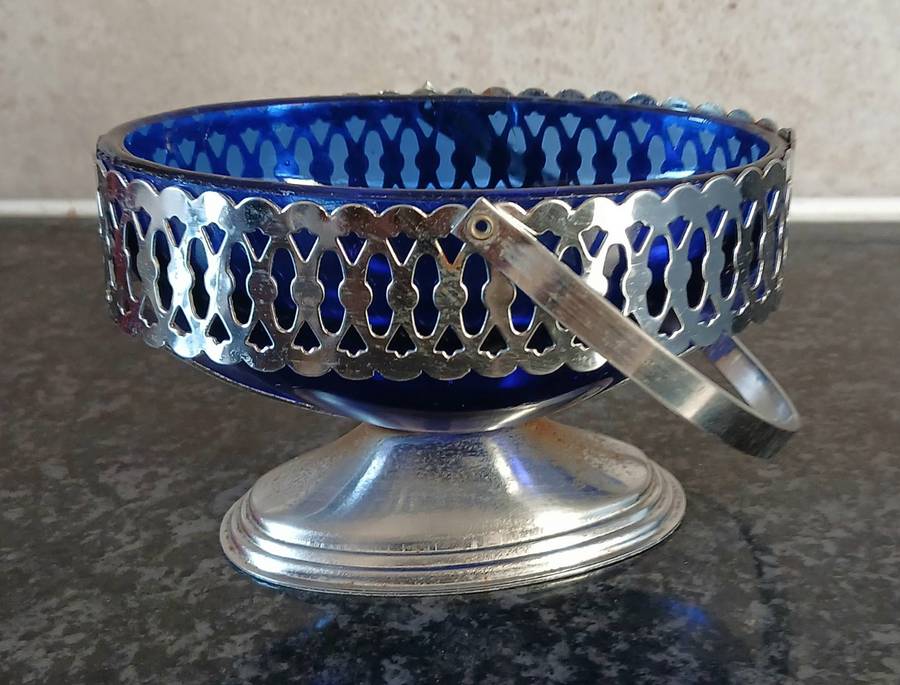 Vintage Aluminium Basket with Cobalt Blue Glass Liner | Pierced Rim & Swing Handle