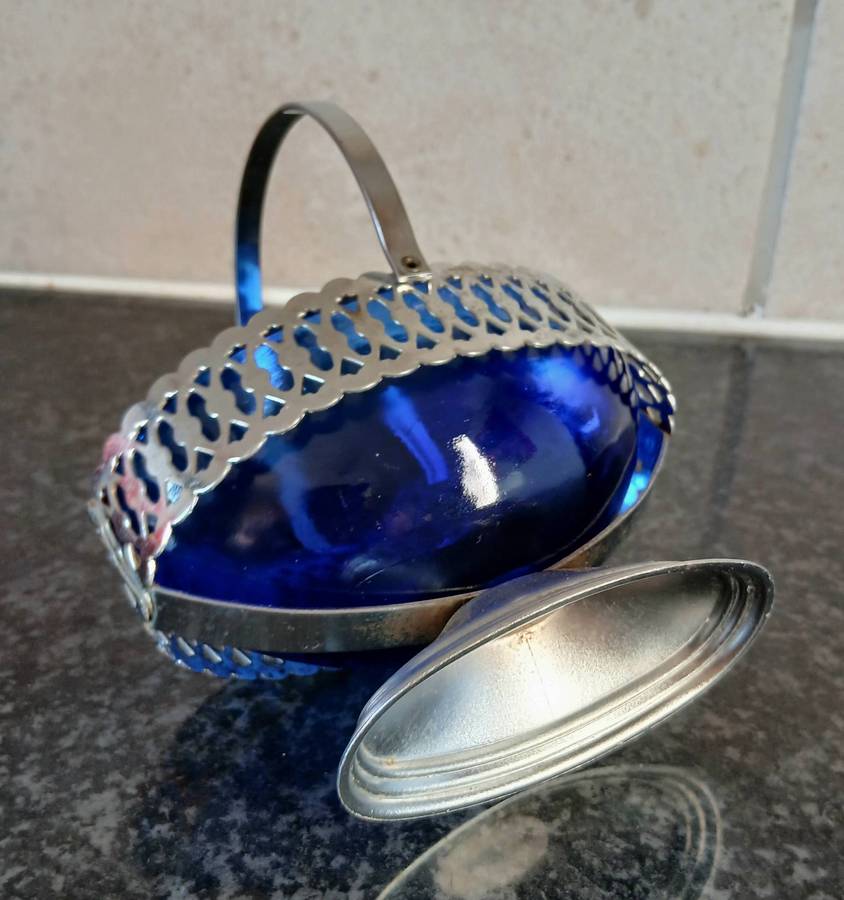 Vintage Aluminium Basket with Cobalt Blue Glass Liner | Pierced Rim & Swing Handle