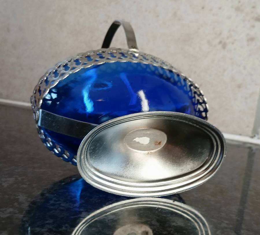 Vintage Aluminium Basket with Cobalt Blue Glass Liner | Pierced Rim & Swing Handle