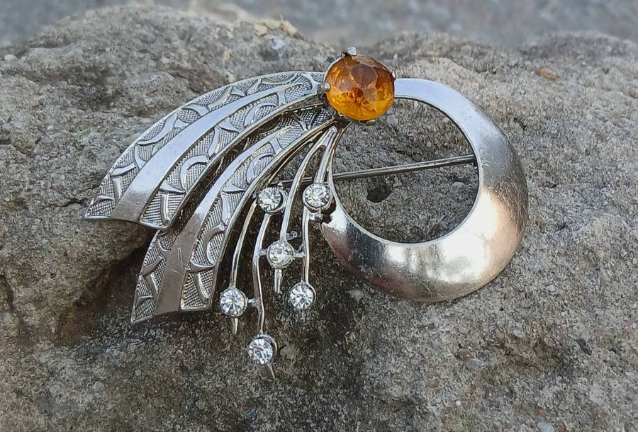 Vintage Art Deco Style Brooch Pin | Silver-Tone with Amber & Clear Rhinestones